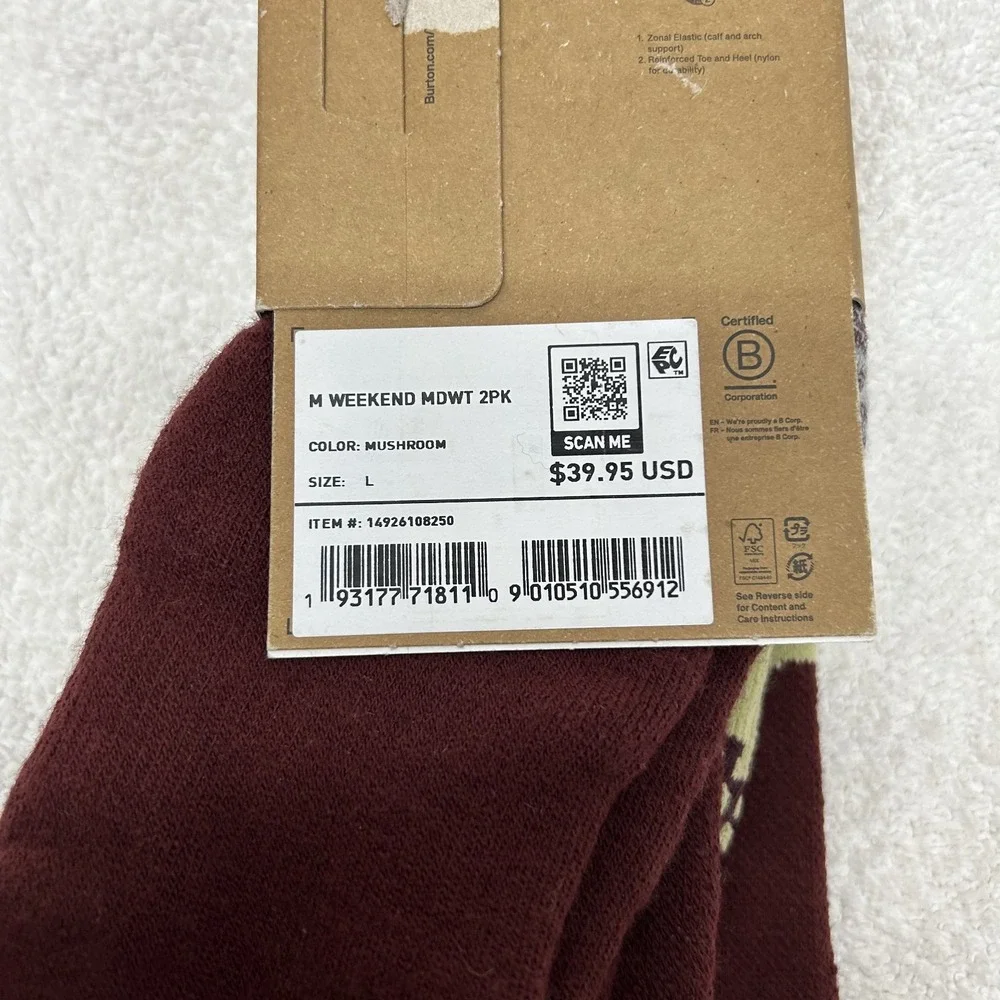 Burton Mens Size L Weekend Midweight 2-pack Wool Blend Socks